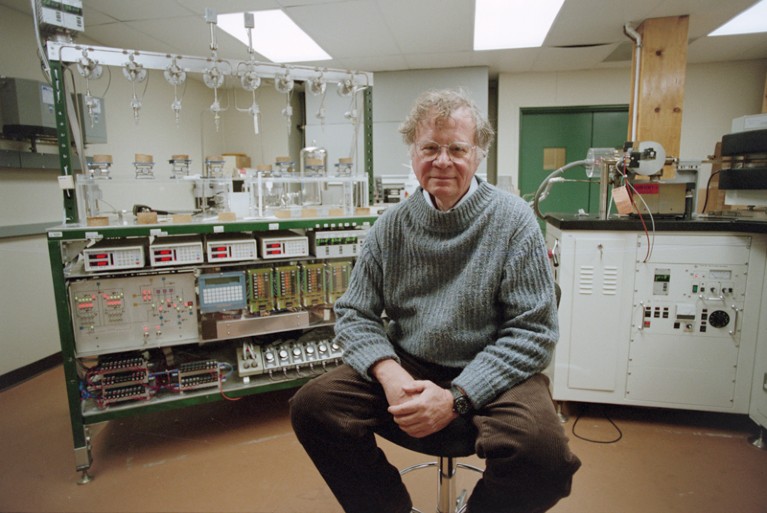 American Climatologist Wallace Broecker in his lab with electronic measuring devices.