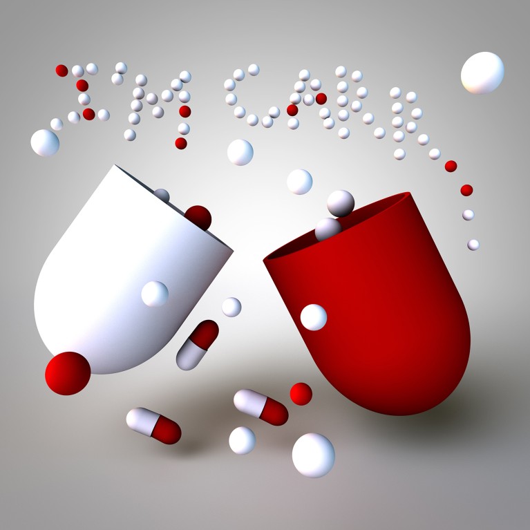Artistic image of two halves of a pill capsule spilling out their contents