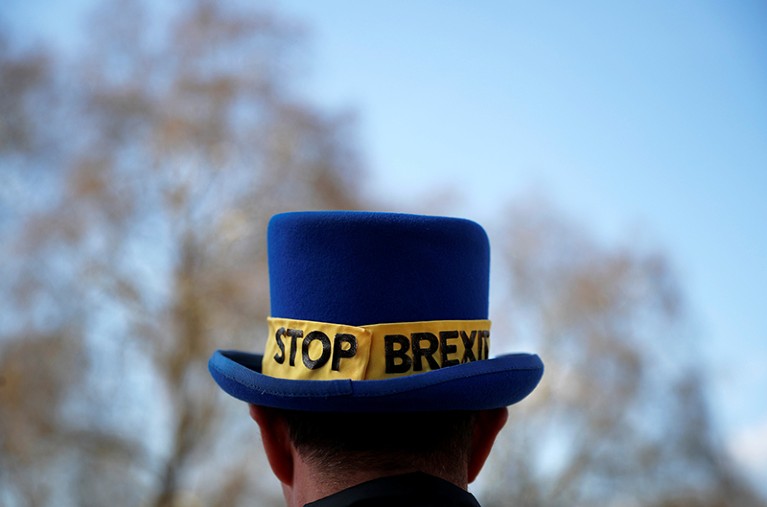 An anti-Brexit protester stands outside the Houses of Parliament in London.