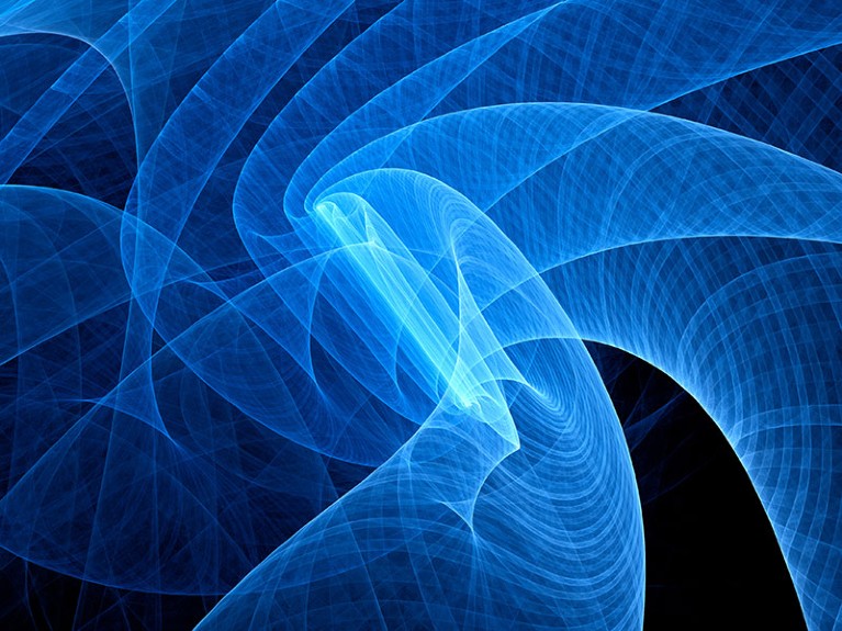 3D rendering of blue glowing quantum spirals in space