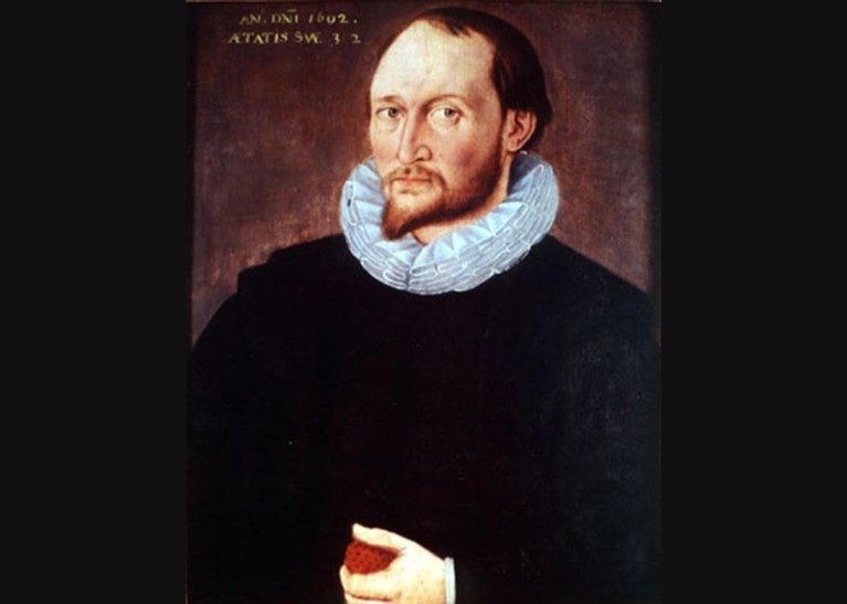 Painting of a Tudor man in black with a white ruff.