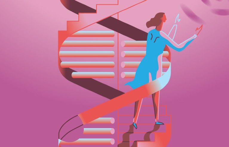 Stylized image of a woman climbing the DNA double helix like a spiral staircase..