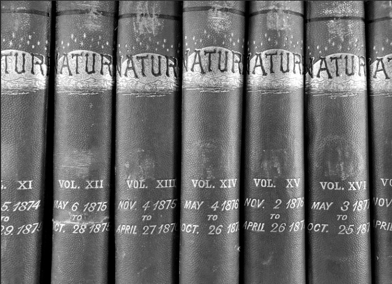 Spines of Nature journals from the 1870's