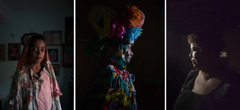 Cristian, Genaro and Isidra (l-r) photographed in front of dark backgrounds as part of a project celebrating Afromexican culture