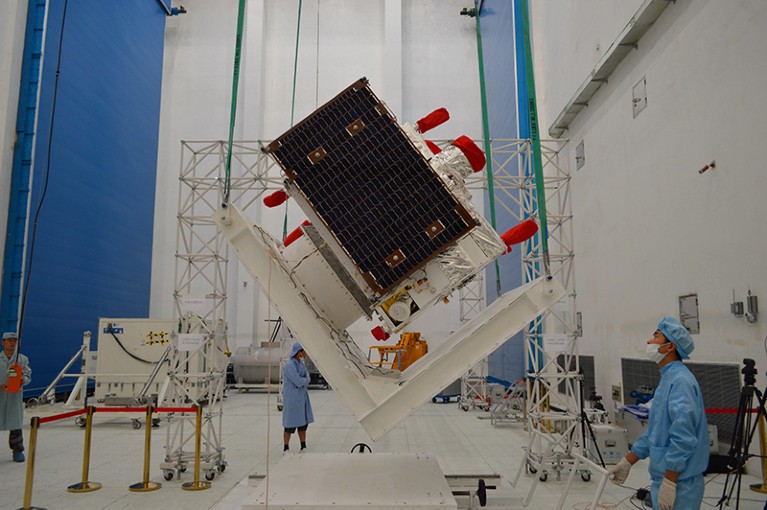 Solar wing deployment test for the quantum communication satellite at the Jiuquan Satellite Launch Center in Jiuquan.