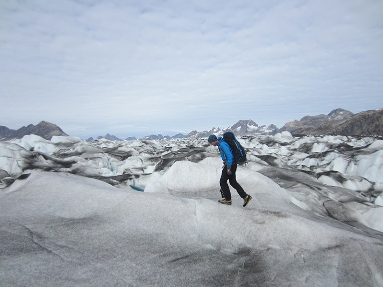 Robert Macfarlane at the Knud Rasmussen Glacier, East Greenland