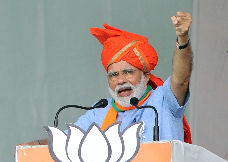 Indian Prime Minister Narendra Modi onstage at an election campaign rally in Kathua district