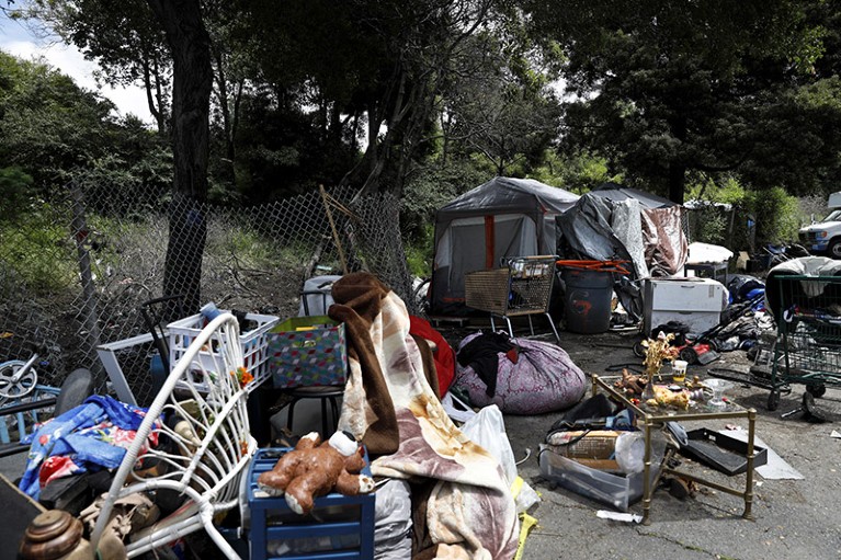 A homeless encampment in Oakland, Calif., on Monday, May 20, 2019.
