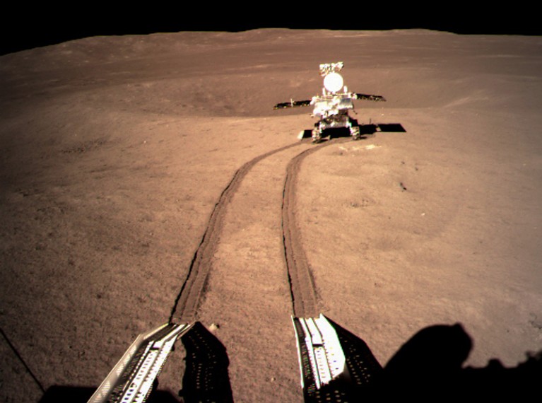 Yutu-2, China's lunar rover, at preset location A on the surface of the far side of the moon.