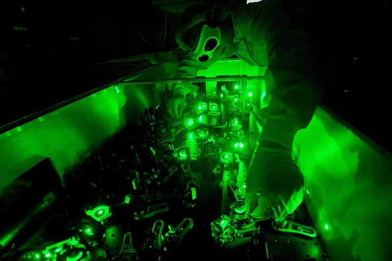 A researcher adjusts equipment at the research centre ELI Beamlines in the Czech Republic.