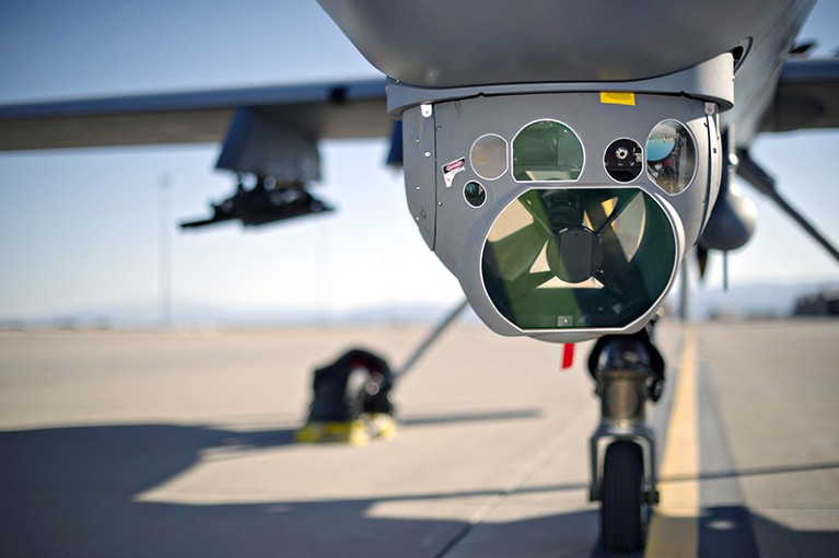 An MQ-9 Reaper remotely piloted aircraft with surveillance system attached
