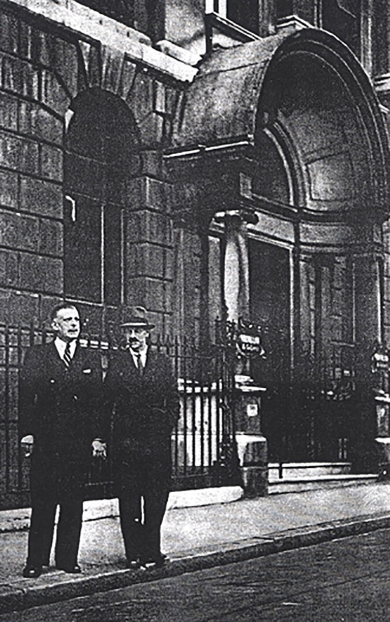 ‘Jack’ Brimble (left) and Arthur Gale (right) standing outside the Nature offices at St Martin Street