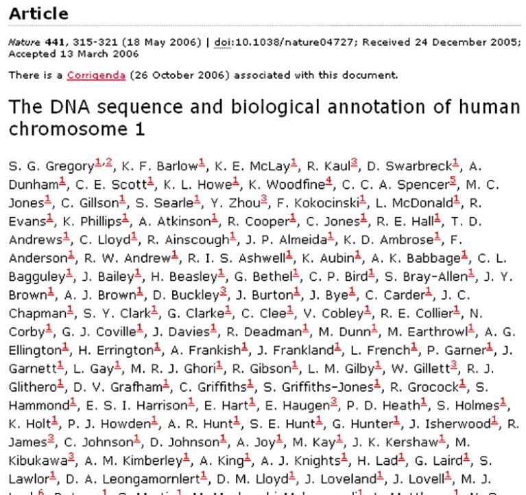 Lengthy author list for a Nature paper