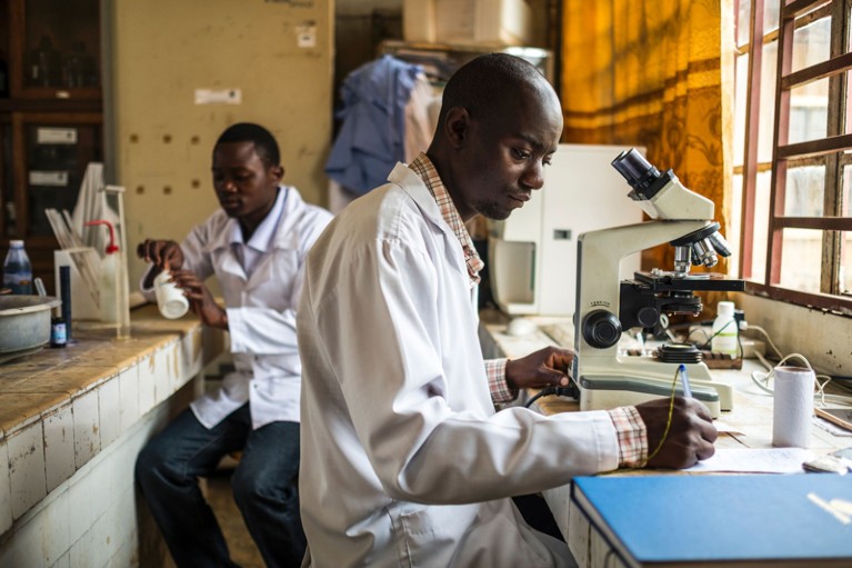 Students work at a laboratory at the Catholic University of Graben in Butembo in the Democratic Republic of Congo