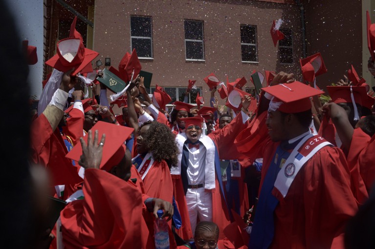 Students celebrate at the Commencement Ceremony at the American University of Nigeria