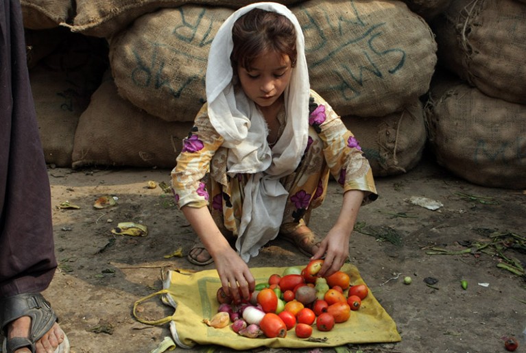 A Pakistani girl sells tomatoes in a market in Lahore, Pakistan