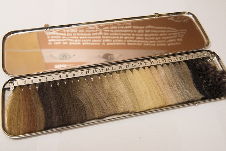 A box containing tufts of hair of various colours.