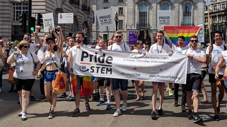 Supporters of the Pride in STEM campaign marching at Pride 2018 in London