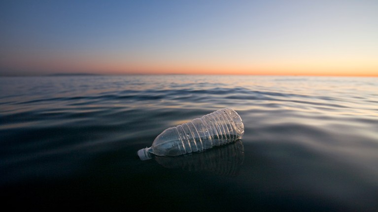 Plastic water bottle floating in Pacific Ocean