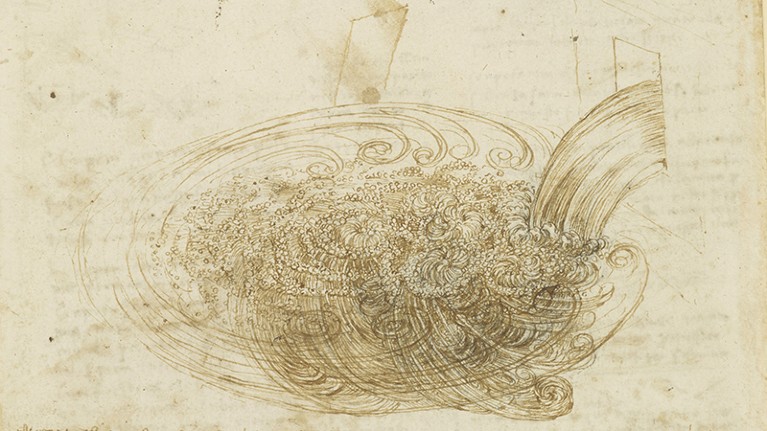 A sketch on yellow paper shows swirling torrents of water.
