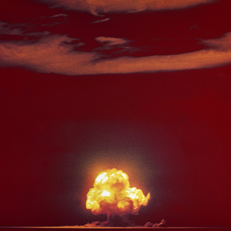 The mushroom cloud following the explosion of the Trinity plutonium bomb July 16, 1945 in Alamogordo, New Mexico