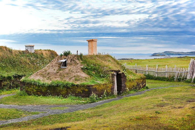 Recreation of a sod-roofed Viking dwelling at L'Anse aux Meadows National Historic Site
