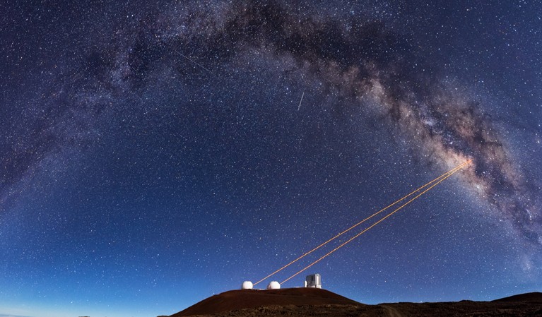 Lasers from the two Keck Telescopes propagated in the direction of the Galactic center