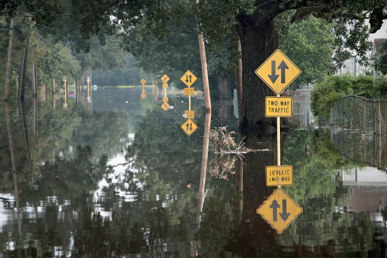 Half submerged traffic signs can be seen down a flooded street in Texas