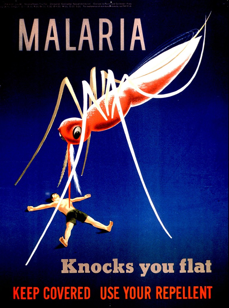 Poster depicting a giant mosquito standing over a man's body