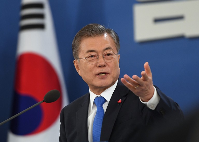 South Korean President Moon Jae-in speaking at a press conference