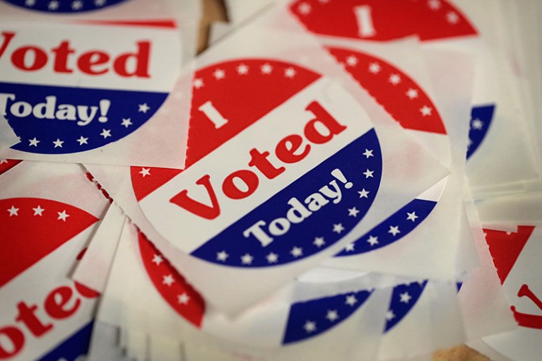 "I voted today!" stickers for voters who cast a ballot in the 2018 midterm elections in Des Moines, Iowa.