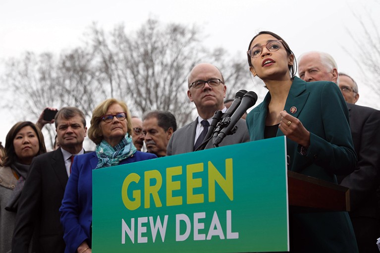 U.S. Rep. Alexandria Ocasio-Cortez of New York, along with other members of Congress, announce the Green New Deal legislation