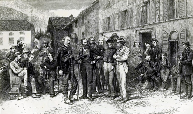 John Tyndall, center right with beard and hat, stands with other members of the Alpine Club in Zermatt.