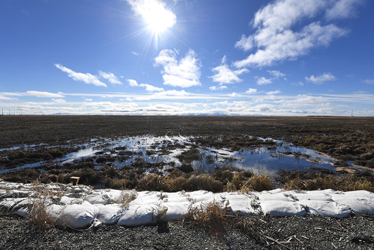 Melting permafrost tundra at the town of Quinhagak on the Yukon Delta in Alaska on April 12, 2019.