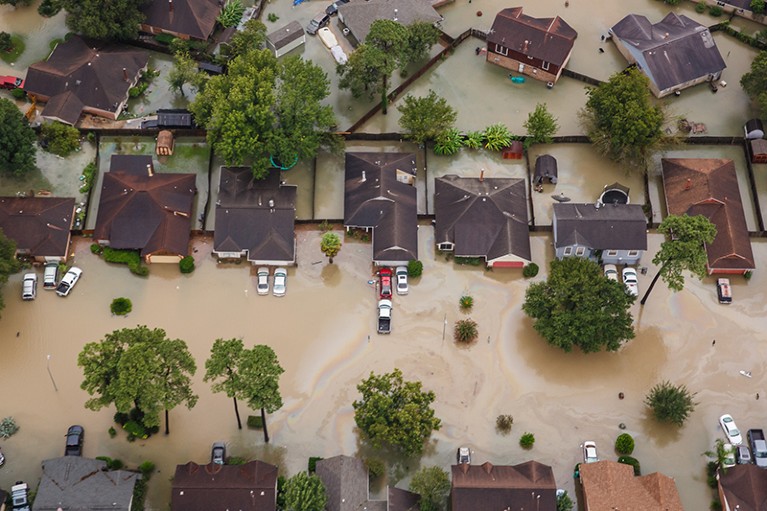 Residential neighbourhoods near the Interstate 10 sit in floodwater in the wake of Hurricane Harvey on 29 August 2017