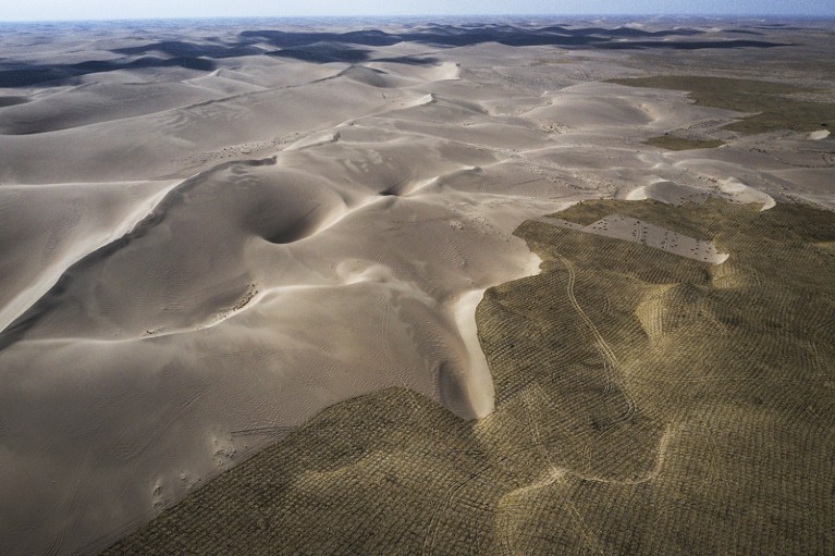 The view of planted trees in desert are seen from an aircraft on March 28th, 2019 in Wuwei, Gansu Province.