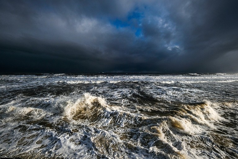 Storm clouds form over the North Sea in Whitby, England