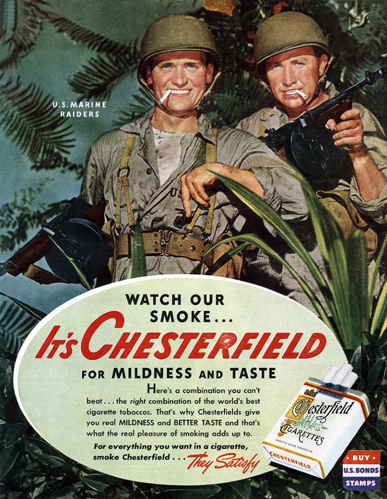 American advertisement for Chesterfield cigarettes showing 2 US marine raiders, from American magazine McCall's, 1943