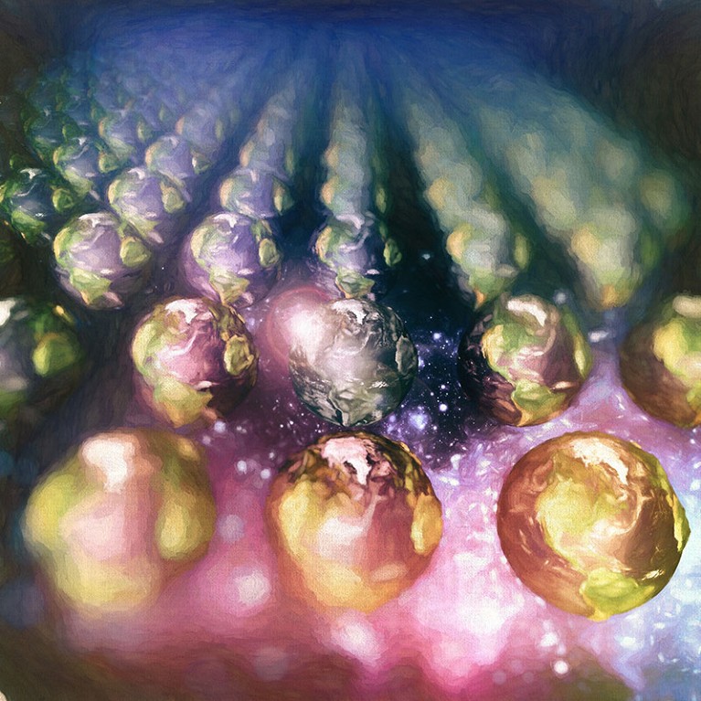 Artistic image of rows and rows of planet Earths