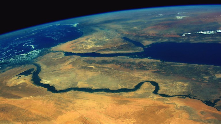 View of the ancient city of Edfu, Egypt on the banks of the Nile River seen from the International Space Station