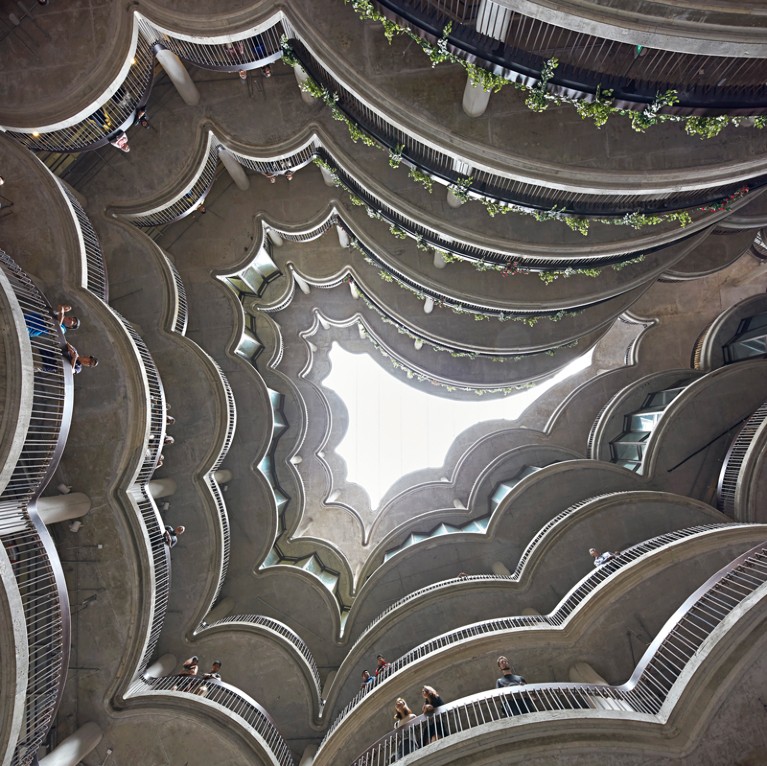 View upwards of curved balconies at the Nanyang Technological University, Singapore