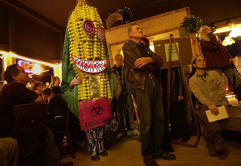 Activist dressed as a genetically modified ear of corn