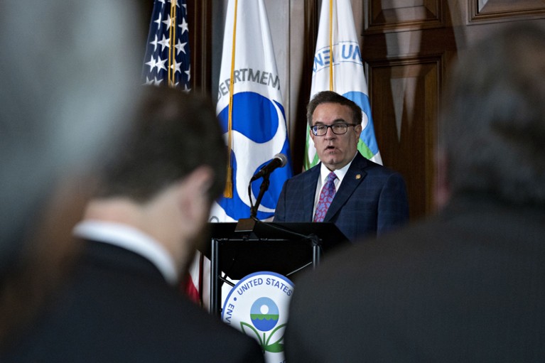 Andrew Wheeler speaks during a policy announcement at Environmental Protection Agency headquarters
