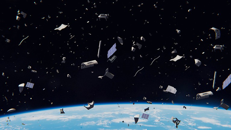 A 3D illustration of space debris in Earth's orbit