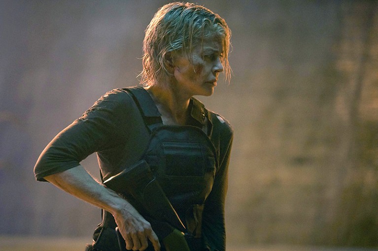 Linda Hamilton in a movie still of Terminator: Dark Fate, 2019