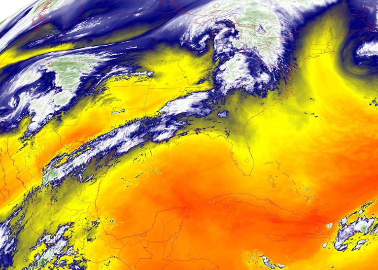 Water vapour over the continental United States is shown in this false-colour satellite image from NOAA