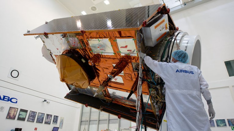 The Copernicus Sentinel-6 stands on display at the IABG space test centre, near Munich, Germany.