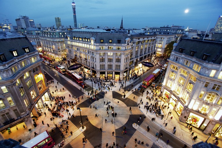 Looking down on the New Oxford Circus crossing at sunset.