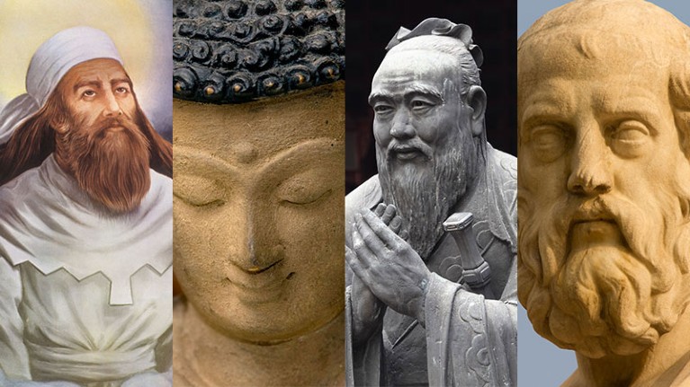 Zarathustra, Buddha, Confucius and Plato (L-R).
