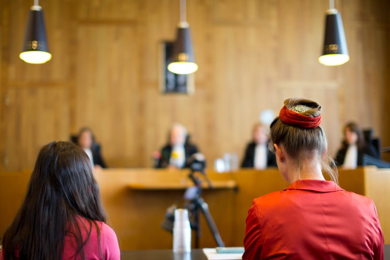 Marjan Minnesma and fellow plaintiff Anica van Staa, wait for the judges, to deliver their verdict in The Hague, Netherlands